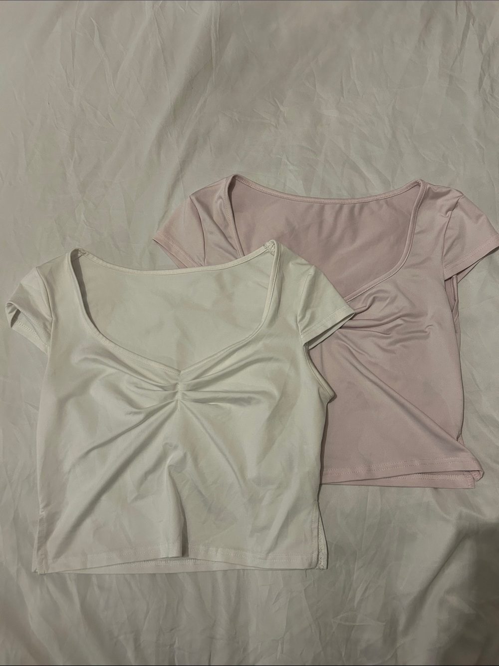 SHEIN White & Light Pink Scoop-Neck Ruched Crop Tops